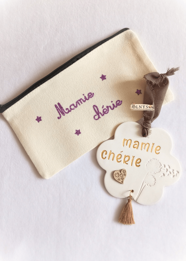 Fête des grands-mères - Duo cadeaux : Trousse beige + Décoration en argile