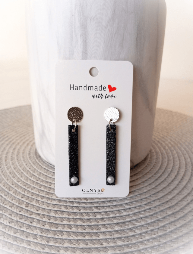 Boucles d'oreilles en bois / Paillettes noires