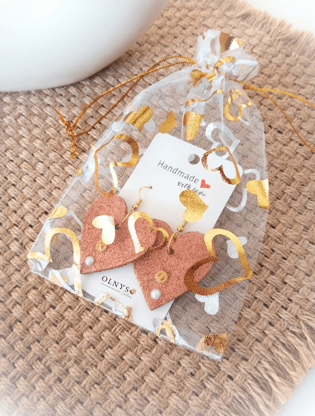 Boucles d'oreilles Coeur en bois / Paillettes bronze