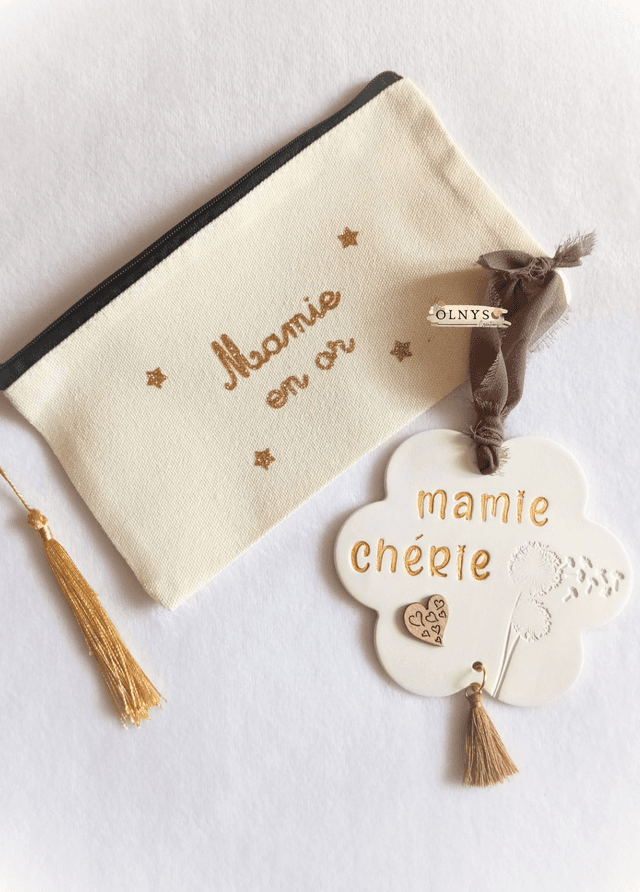 Fête des grands-mères - Duo cadeaux : Trousse beige + Décoration en argile
