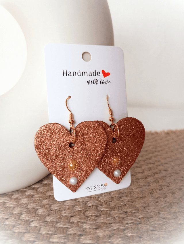 Boucles d&#039;oreilles Coeur en bois / Paillettes bronze